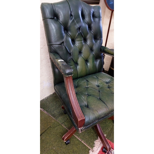 605 - Deep Button Green Leather Swivel Office Chair