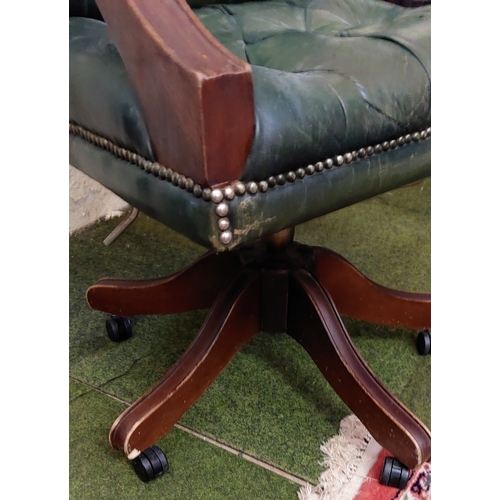 605 - Deep Button Green Leather Swivel Office Chair