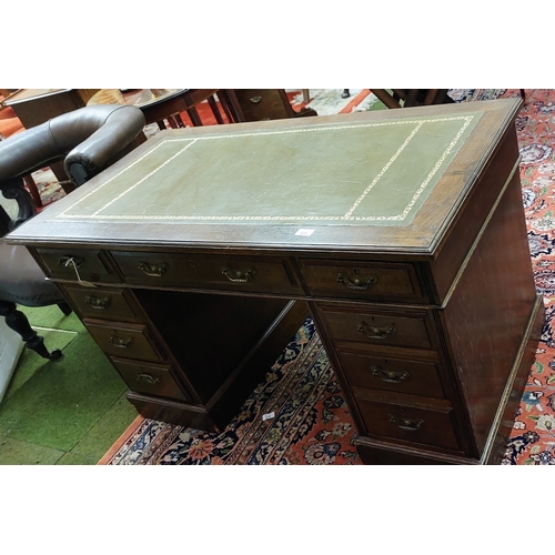 609 - Edwardian Oak Pedestal Writing Desk with Gilt Tooled Leather Top - C. 122cm W x 65cm D x 72cm H