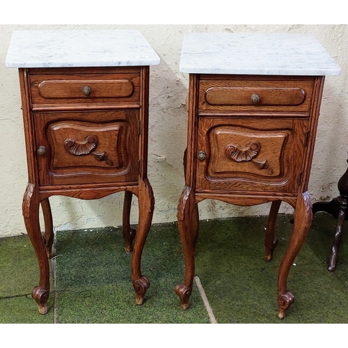 621 - Pair of Marble Top Carved Oak Lockers - C. 40cm x 40cm x 84cm H