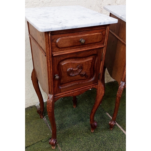 621 - Pair of Marble Top Carved Oak Lockers - C. 40cm x 40cm x 84cm H