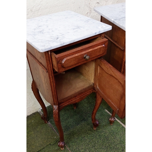 621 - Pair of Marble Top Carved Oak Lockers - C. 40cm x 40cm x 84cm H