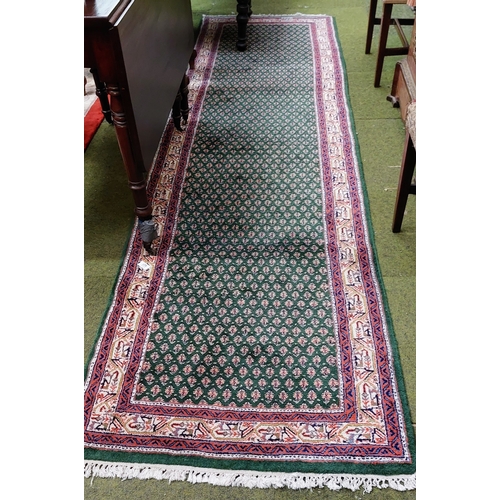 627 - Green Woolen Hand Knotted Indian Runner Rug - C. 300cm x 83cm