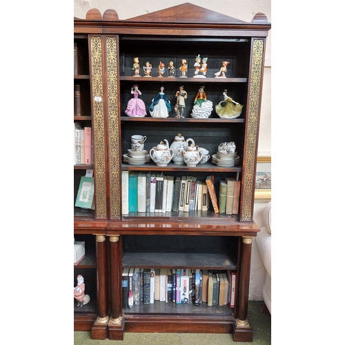 642 - Rosewood Regency Brass Inlaid Bookcase with Column Supports - C. 188cm W x 40cm D x 203cm H