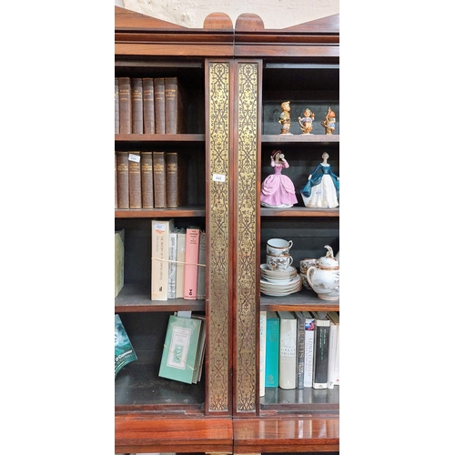 642 - Rosewood Regency Brass Inlaid Bookcase with Column Supports - C. 188cm W x 40cm D x 203cm H