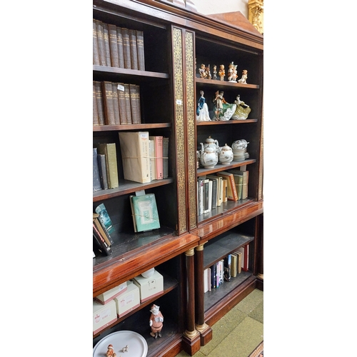 642 - Rosewood Regency Brass Inlaid Bookcase with Column Supports - C. 188cm W x 40cm D x 203cm H