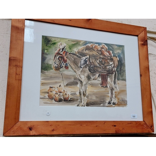 644 - Framed Watercolor of Donkey - C. 80cm W x 64cm H