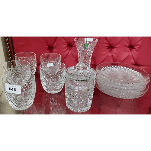 646 - 5 Waterford Glass Tumblers, Waterford Vase, Waterford Lidded Jar & 5 Cut Glass Side Plates