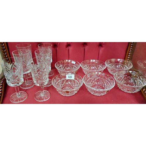 649 - 6 Waterford Glass Bowls & 6 Cut Glass Stem Wine Glasses