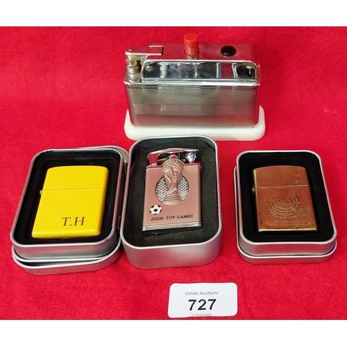 727 - 4 Lighters inc Barclay Desk Top Mid Century Lighter, American Navy & 2006 Top Games Musical Gas Ligh... 