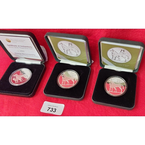 733 - 3 Silver Proof Cased Central Bank of Ireland Coins - 2 of 2010 €15 Coins & a 2012 €15 Coin