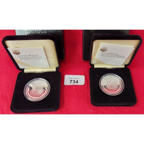 734 - 2 Central Bank of Ireland 2004 Swan on Egg €10 Sterling Silver Proof Coins - Both Cased