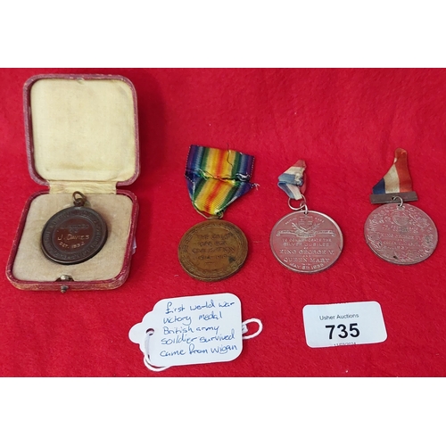 735 - 4 Medals - First World War Victory Medal, 1937 Coronation Medal, George V Silver Jubilee Medal & 193... 