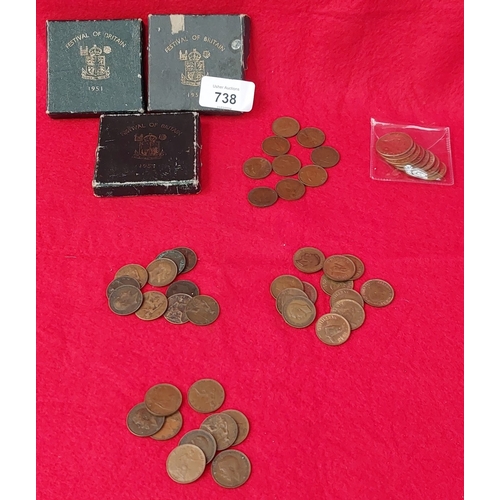 738 - 3 Festival of Britain 1951 Cased Crowns & Collection of English Farthings, Half Pennies