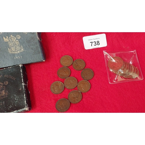 738 - 3 Festival of Britain 1951 Cased Crowns & Collection of English Farthings, Half Pennies