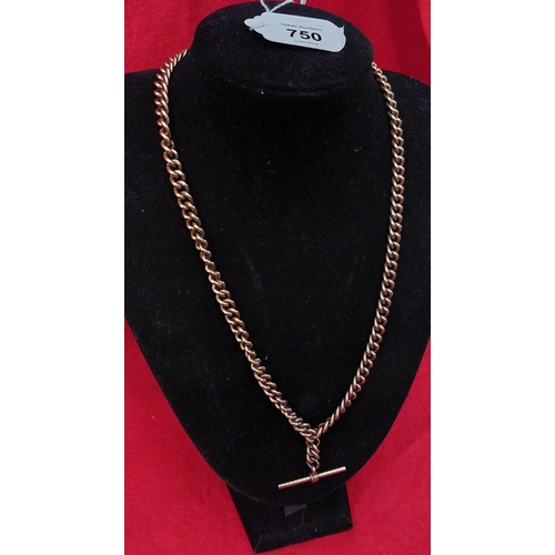 750 - Heavy 9 ct Gold Muff Chain with T Bar - 85 grams