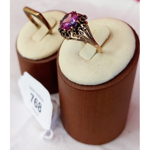 768 - Gents 9 ct Gold Signet Ring - Size T & Ladies 9 ct Gold Pink Sapphire Type Stone Ring - Size R