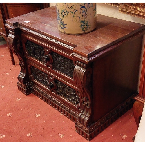 785 - Highly Carved 2 Drawer Mahogany Chest - C. 89cm W x 56cm D x 66cm H