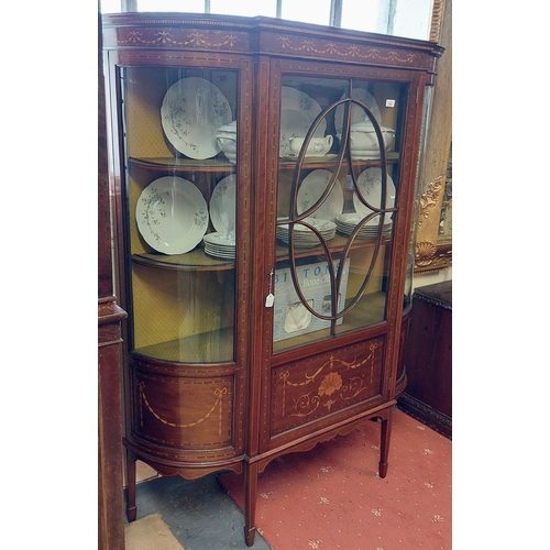 793 - Victorian Mahogany Bow Fronted Inlaid Display Cabinet - C. 131cm W x 39cm D x 170cm H