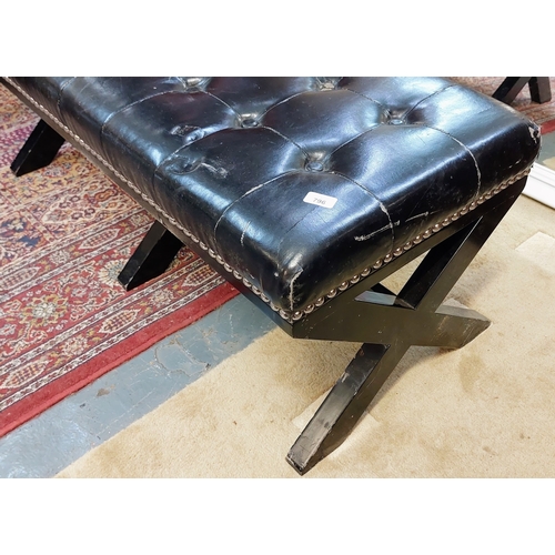 796 - Deep Button Leather X-Frame Double Stool - C. 116cm W x 50cm D x 46cm H