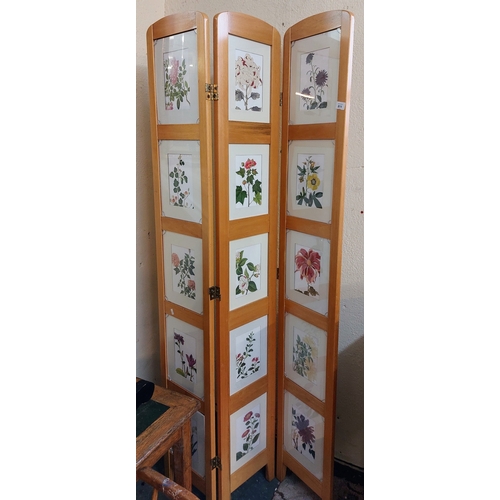 811 - Pine Frame Floral 3 Section Screen - C. 117cm H x 89cm W