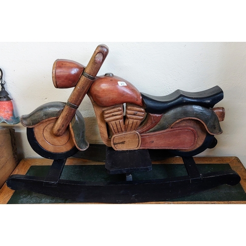 813 - Wooden Painted Rocking Motorbike - C. 98cm W x 36cm D x 66cm H