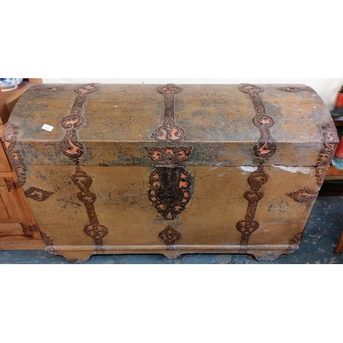 817 - Large Metal Bound Dome Top Trunk - C. 121cm W x 62cm D x 82cm H