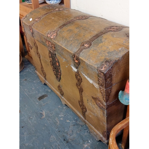 817 - Large Metal Bound Dome Top Trunk - C. 121cm W x 62cm D x 82cm H