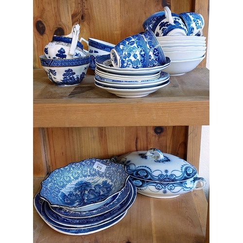 819 - Lot of Blue Ware Cups, Saucers, Plates & Bowls