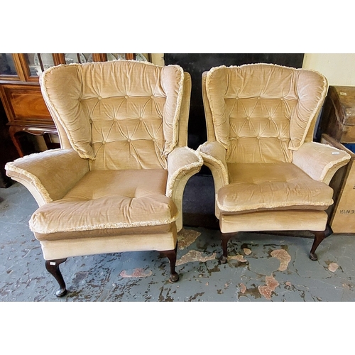 855 - Pair of Deep Button Upholstered Wing Back Armchairs