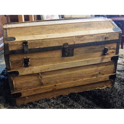 877 - Pine Dome Top Trunk - C. 87cm W x 49cm D x 53cm H