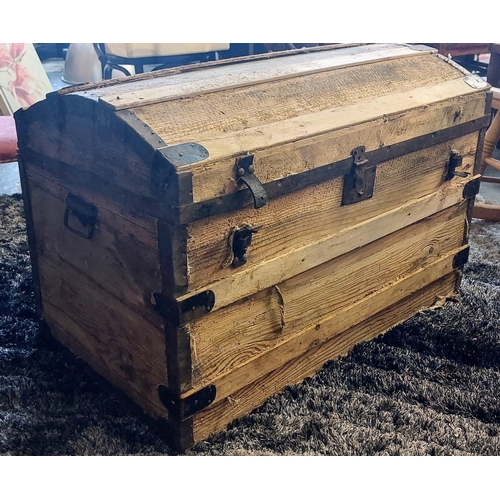 877 - Pine Dome Top Trunk - C. 87cm W x 49cm D x 53cm H