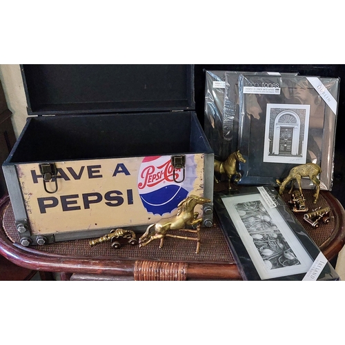 893 - Pepsi-Cola Trunk & Contents - Brassware and Picture Frames - C. 47cm W x 30cm D x 29cm H