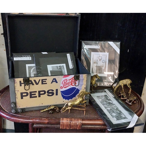 893 - Pepsi-Cola Trunk & Contents - Brassware and Picture Frames - C. 47cm W x 30cm D x 29cm H