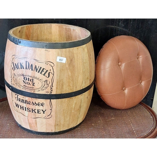 897 - Jack Daniels Cooper Barrel Stool with Removable Deep Button Padded Leather Top - C. 44cm W x 53cm H