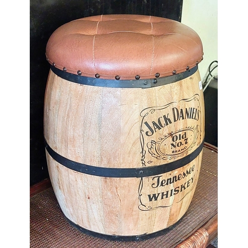 897 - Jack Daniels Cooper Barrel Stool with Removable Deep Button Padded Leather Top - C. 44cm W x 53cm H