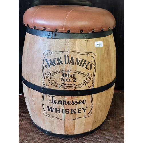 900 - Jack Daniels Cooper Barrel Stool with Removable Deep Button Padded Leather Top - C. 44cm W x 53cm H