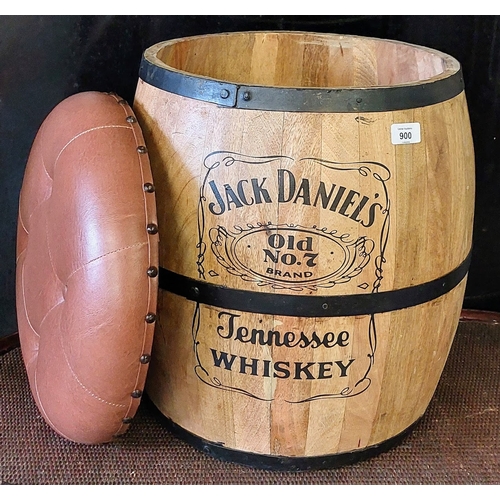 900 - Jack Daniels Cooper Barrel Stool with Removable Deep Button Padded Leather Top - C. 44cm W x 53cm H