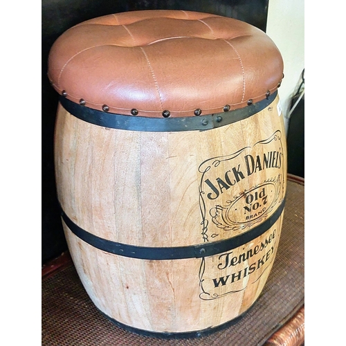 900 - Jack Daniels Cooper Barrel Stool with Removable Deep Button Padded Leather Top - C. 44cm W x 53cm H