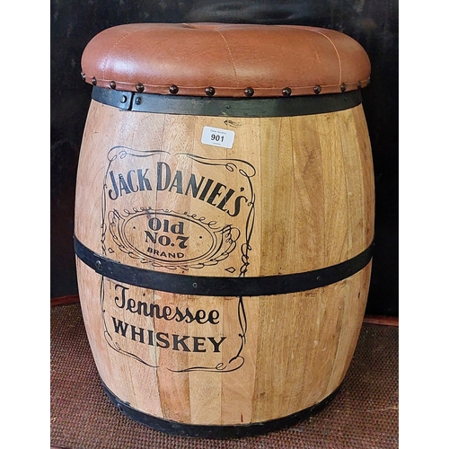 901 - Jack Daniels Cooper Barrel Stool with Removable Deep Button Padded Leather Top - C. 44cm W x 53cm H