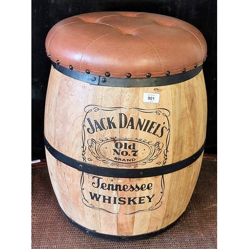 901 - Jack Daniels Cooper Barrel Stool with Removable Deep Button Padded Leather Top - C. 44cm W x 53cm H