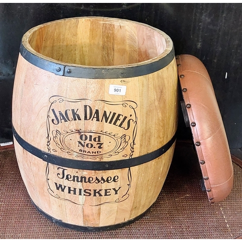 901 - Jack Daniels Cooper Barrel Stool with Removable Deep Button Padded Leather Top - C. 44cm W x 53cm H