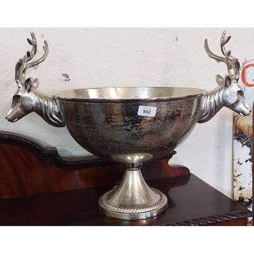 902 - Large Stag Head Handle Polished Metal Punch Bowl / Ice Bowl - C. 60cm W x 44cm H