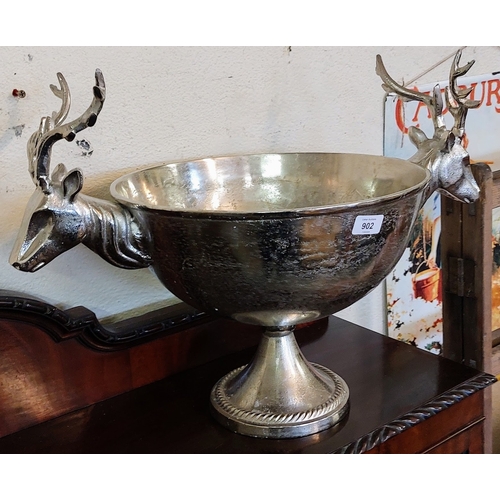 902 - Large Stag Head Handle Polished Metal Punch Bowl / Ice Bowl - C. 60cm W x 44cm H