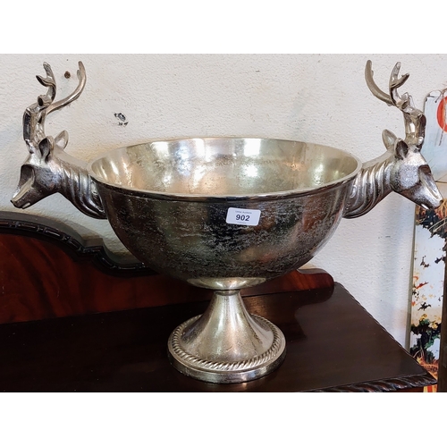 902 - Large Stag Head Handle Polished Metal Punch Bowl / Ice Bowl - C. 60cm W x 44cm H