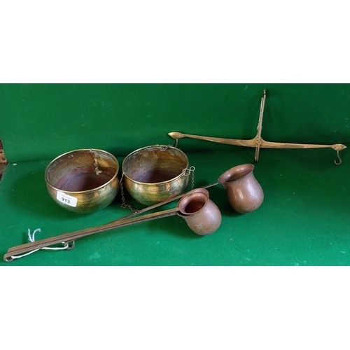 913 - Brass Bowl Balance Scales & 3 Copper and Brass Toddy Measures