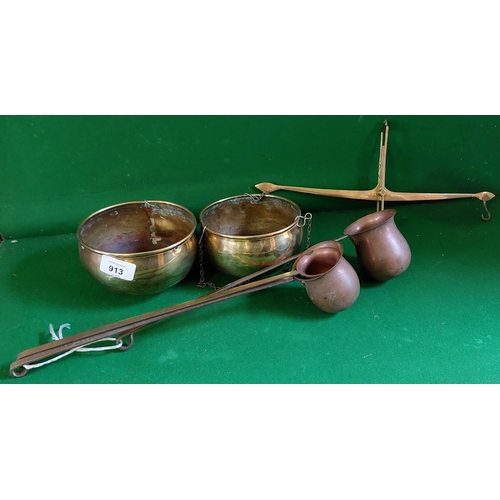 913 - Brass Bowl Balance Scales & 3 Copper and Brass Toddy Measures