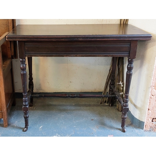 914 - Mahogany Turn Over Leaf Card Table on Turned Legs and Stretcher Base with Drawer to One End - C. 92c... 