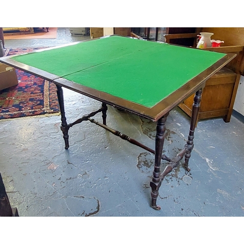 914 - Mahogany Turn Over Leaf Card Table on Turned Legs and Stretcher Base with Drawer to One End - C. 92c... 