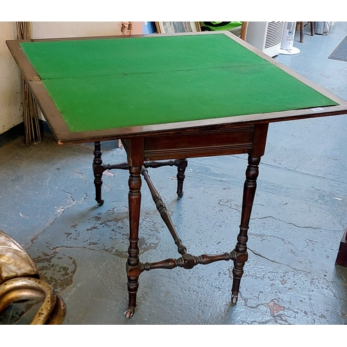 914 - Mahogany Turn Over Leaf Card Table on Turned Legs and Stretcher Base with Drawer to One End - C. 92c... 